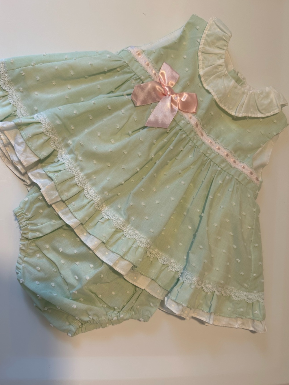 Yoedu Baby Girl Mint Dress Bloomers Bonnet Set 6M Spanish Boutique